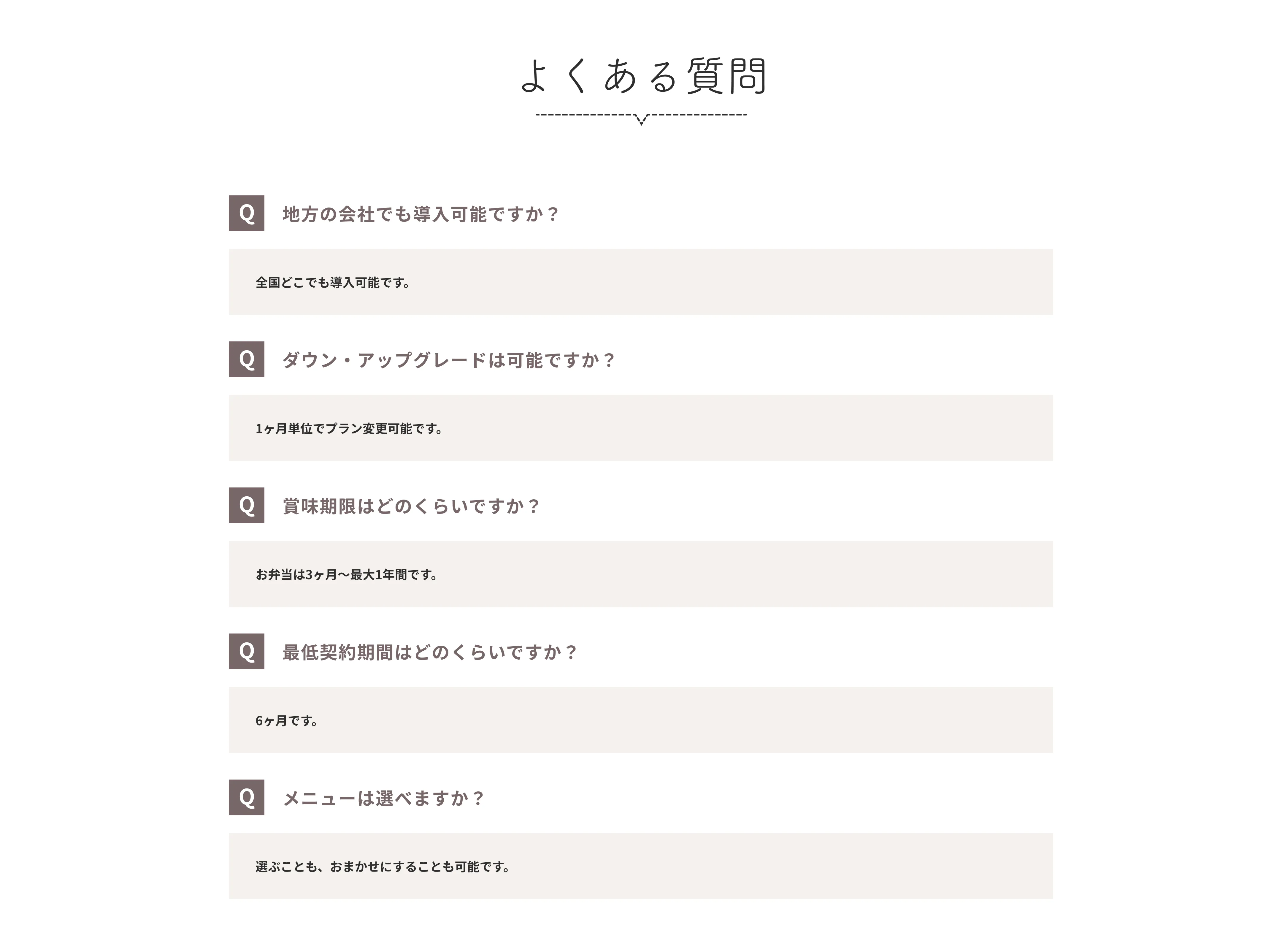 よくある質問。Q、地方の会社でも導入可能ですか？A、全国どこでも導入可能です。Q、ダウン・アップグレードは可能ですか？A、1ヶ月単位でプラン変更可能です。Q、賞味期限はどのくらいですか？A、お弁当は3ヶ月から最大1年間です。Q、最低契約期間はどのくらいですか？A、6ヶ月です。Q、メニューは選べますか？A、選ぶことも、おまかせにすることも可能です。