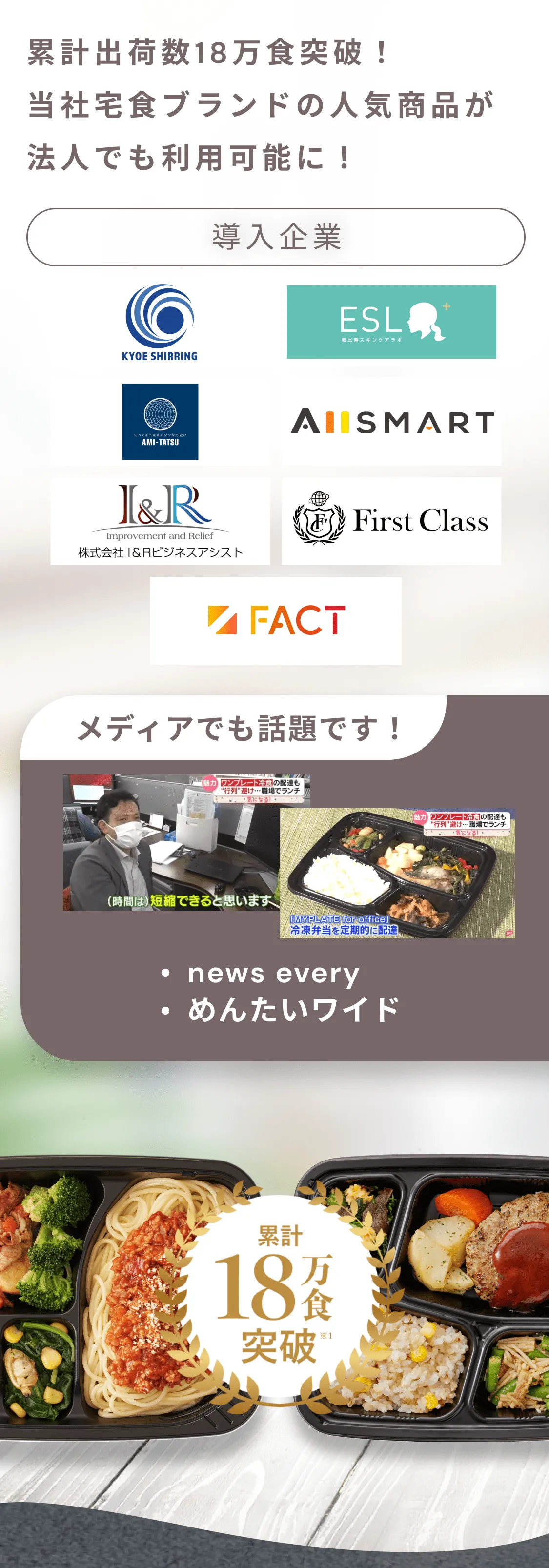 累計出荷数18万食突破！※1。当社社宅ブランドの人気商品が法人でも利用可能に！導入企業、京江シャーリング、恵比寿スキンケアラボ、あみ達、オールスマート、株式会社I&Rビジネスアシスト、First Class、FACT