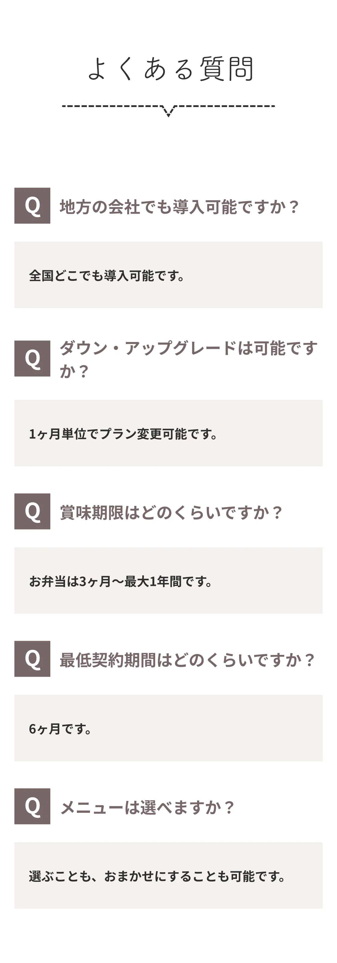 よくある質問。Q、地方の会社でも導入可能ですか？A、全国どこでも導入可能です。Q、ダウン・アップグレードは可能ですか？A、1ヶ月単位でプラン変更可能です。Q、賞味期限はどのくらいですか？A、お弁当は3ヶ月から最大1年間です。Q、最低契約期間はどのくらいですか？A、6ヶ月です。Q、メニューは選べますか？A、選ぶことも、おまかせにすることも可能です。