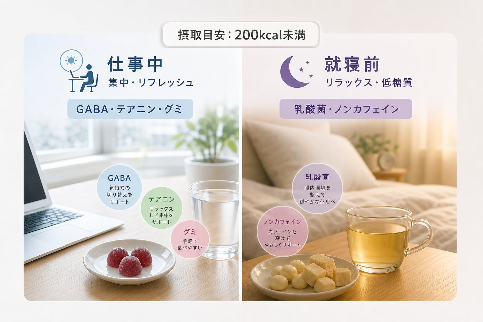 仕事中や就寝前などシーン別に最適な機能性お菓子の選び方とは？ [比較/箇条書き]