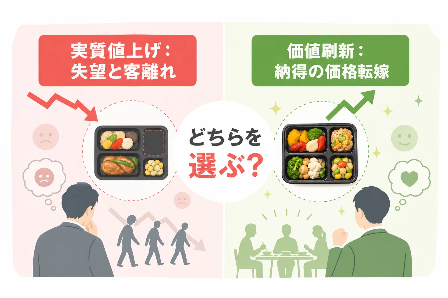 容量削減による実質値上げの弊害と、商品の価値刷新によるメリットを左右で分かりやすく対比した比較図