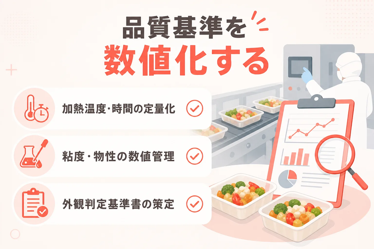工場の量産化でブレを防ぐための温度や粘度、外観基準の数値管理項目を並べたチェックリスト画像