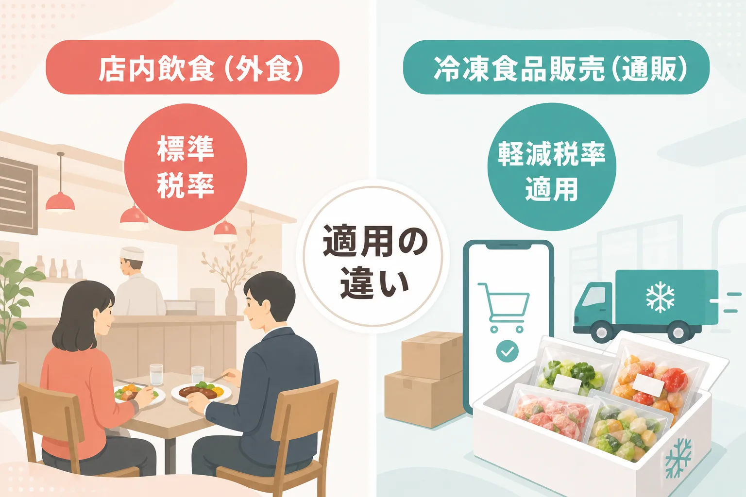店内飲食の外食と冷凍通販の持ち帰りで適用される消費税率の違いを示した比較図表