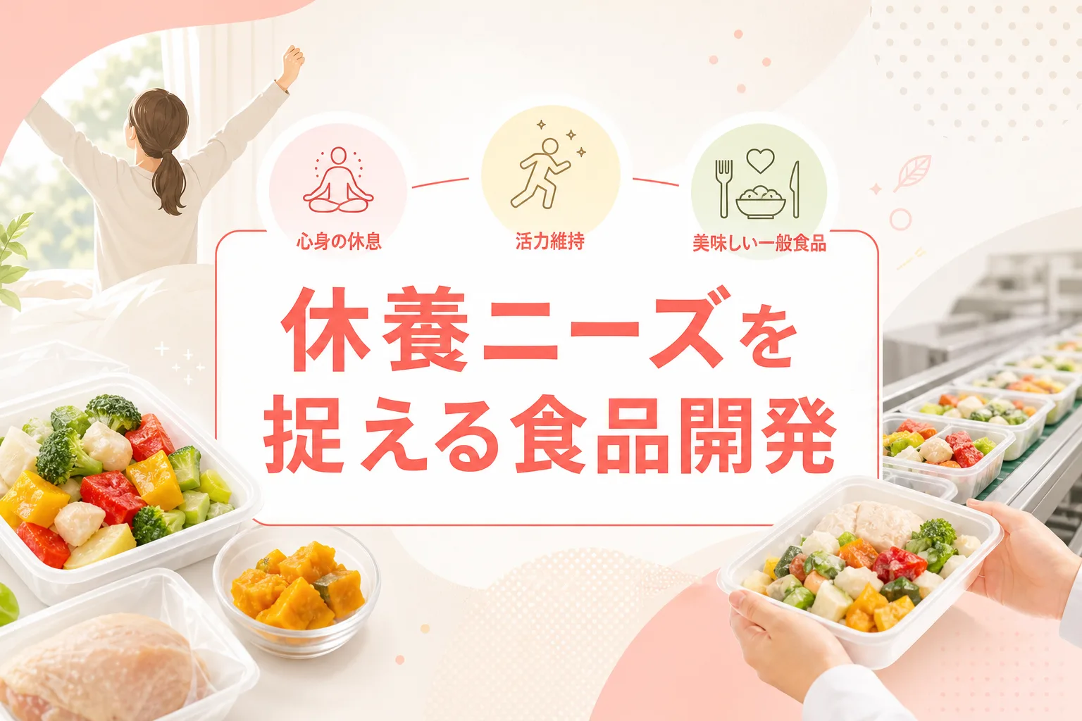 毎日の食卓で心身を整える食事のイラストとともに休養ニーズの重要キーワードが示された図解
