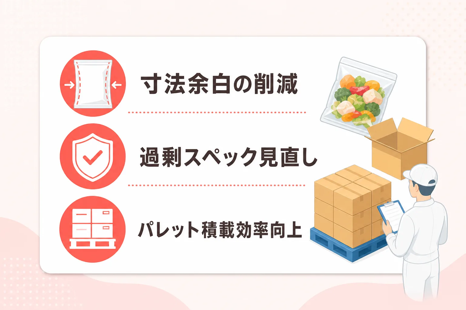 包材のミリ単位設計やパレット積載効率化の重要項目をアイコンで並べたチェックリスト画像