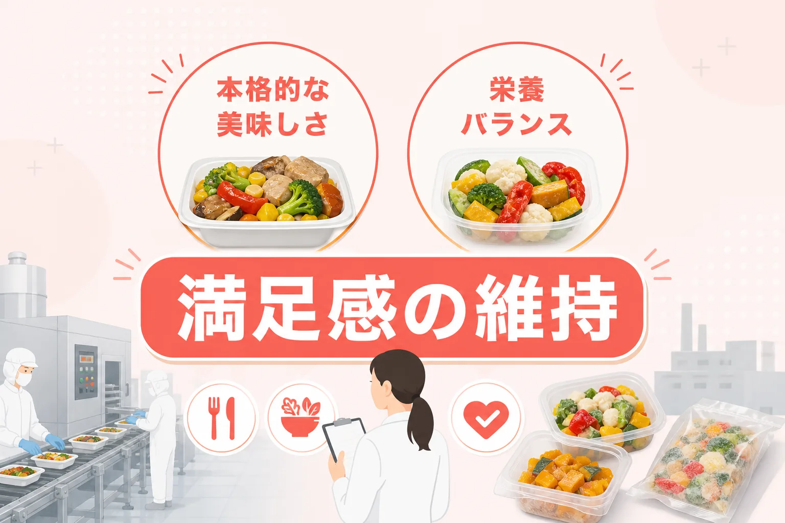 本格的な味わいと栄養バランスという消費者が妥協しない2つの軸を対比して示したイラスト図解