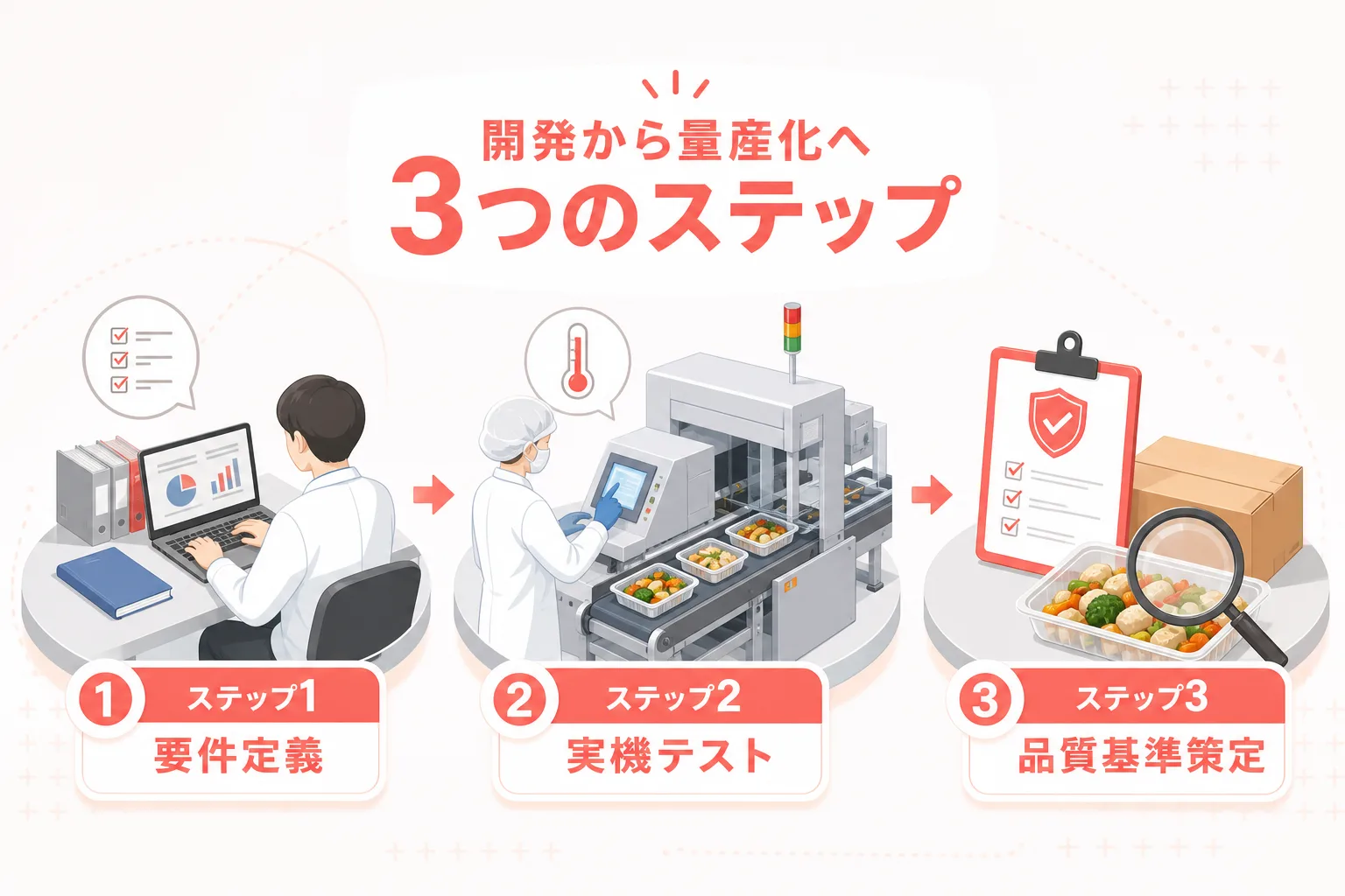 タイパ食を試作からOEM量産化へとスムーズに進める3つの手順を示したプロセスフロー図