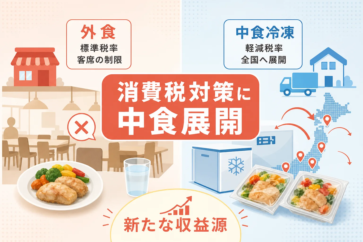 店内飲食の標準税率と冷凍通販の軽減税率の違いや商圏の広がりを左右で比較した図解イラスト